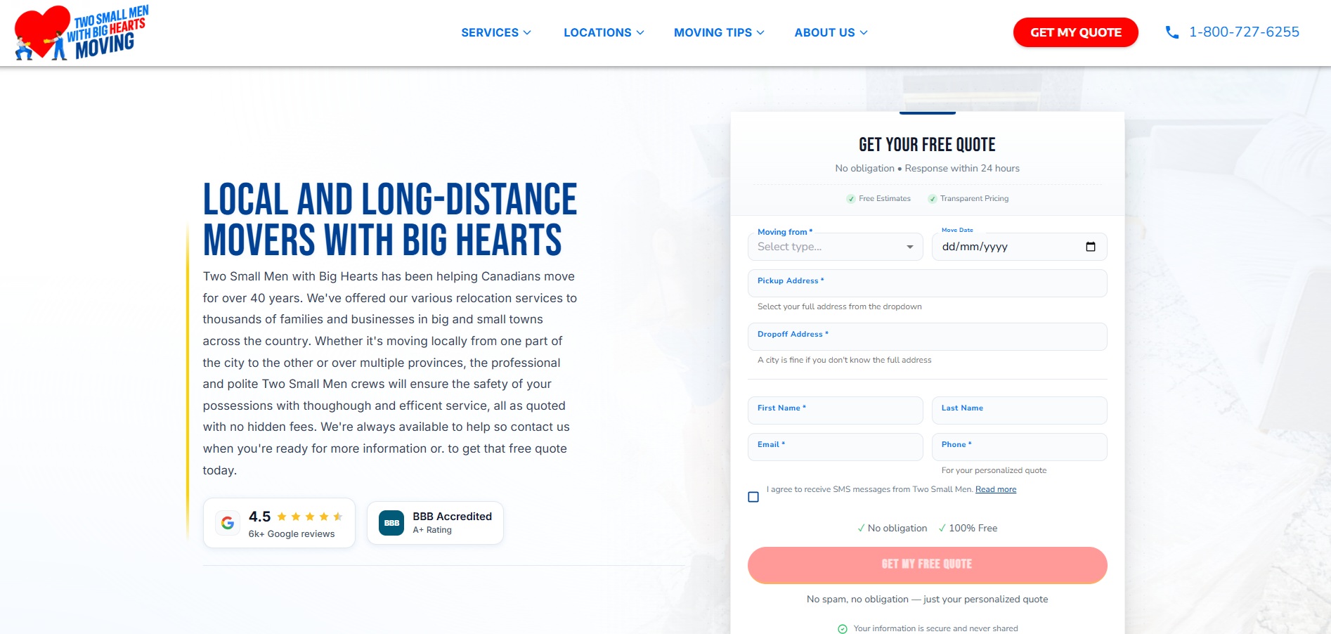 Two Small Men With Big Hearts landing page hero section